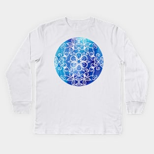 White Floral Painted Pattern on Blue Watercolor Kids Long Sleeve T-Shirt